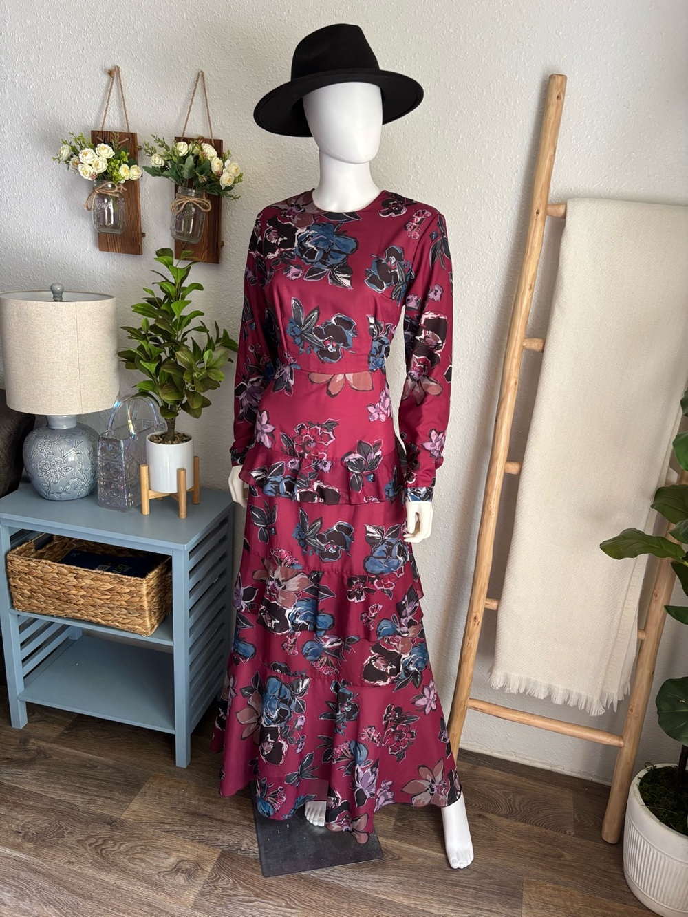 Floral Long-Sleeve Burgundy Maxi Dress - Picture 5 of 6